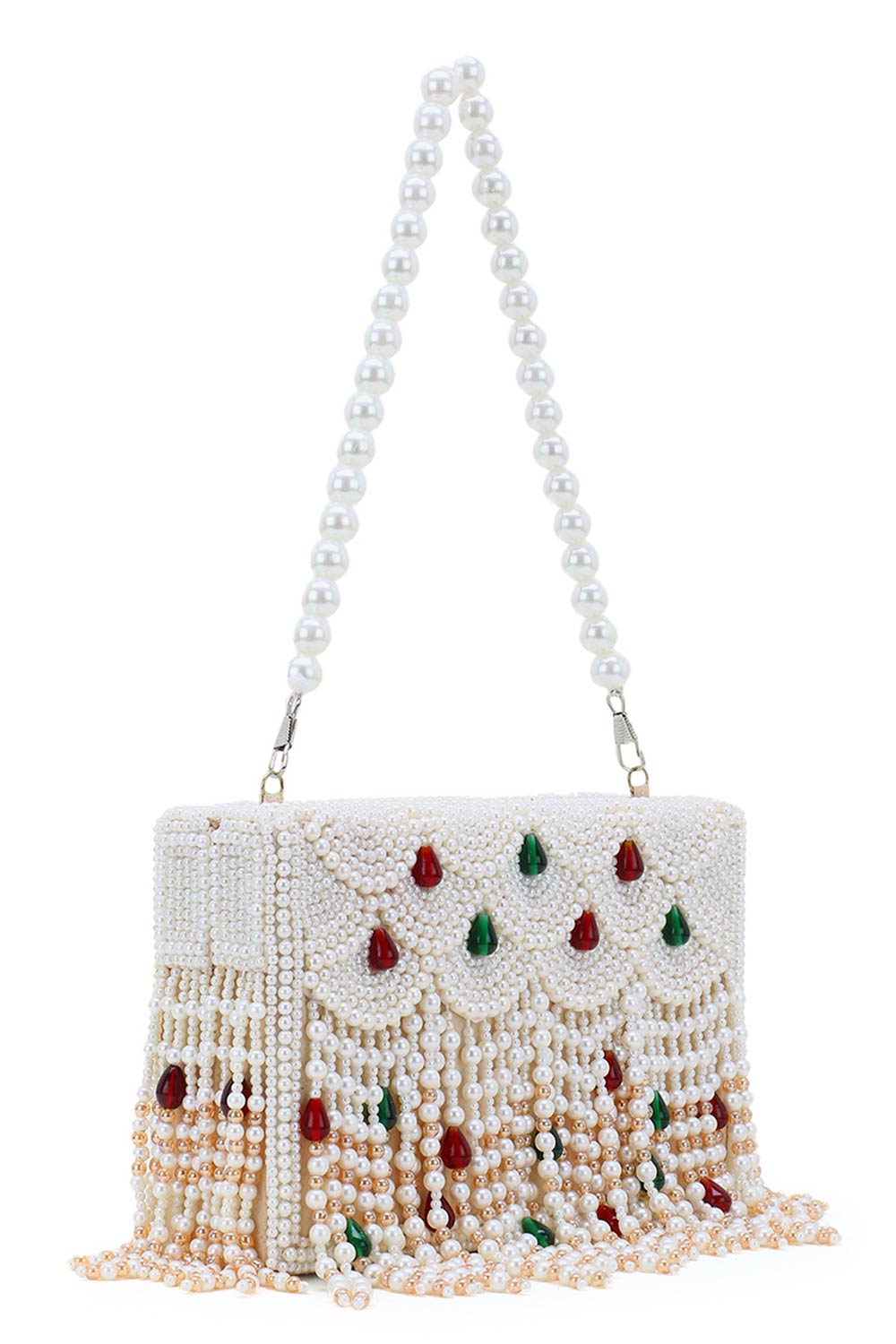 Designer Dangling Pearls & Beads White & Green & Maroon Clutch
