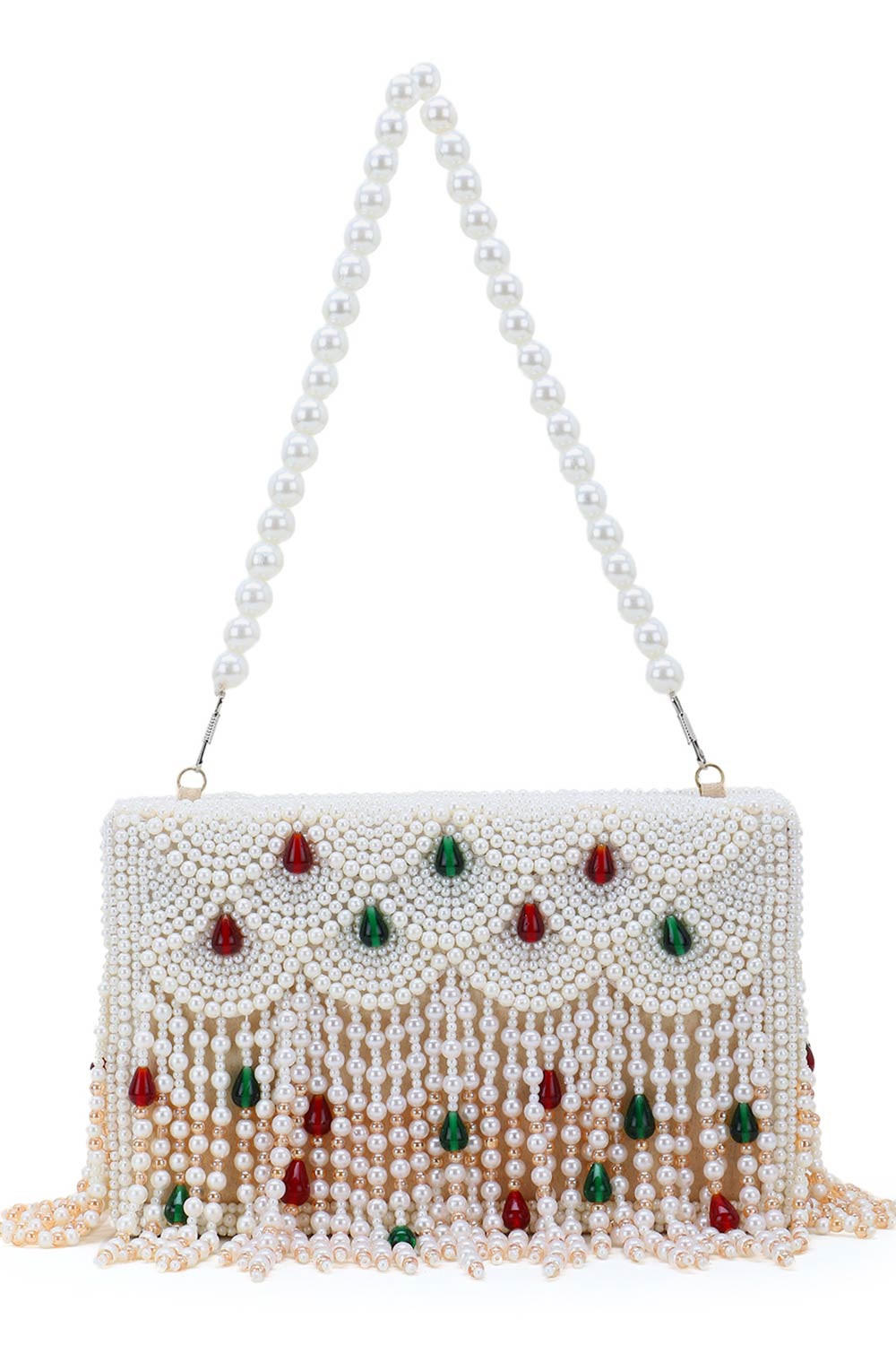 Designer Dangling Pearls & Beads White & Green & Maroon Clutch