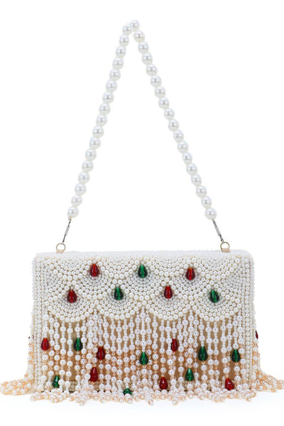Designer Dangling Pearls & Beads White & Green & Maroon Clutch