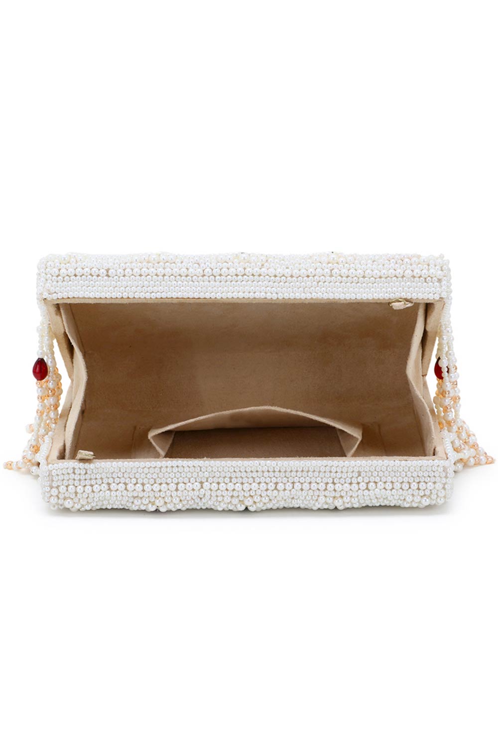 Designer Dangling Pearls & Beads White & Green & Maroon Clutch