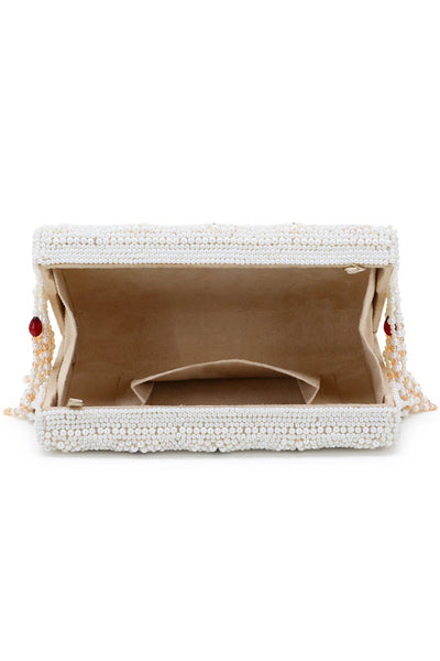 Designer Dangling Pearls & Beads White & Green & Maroon Clutch