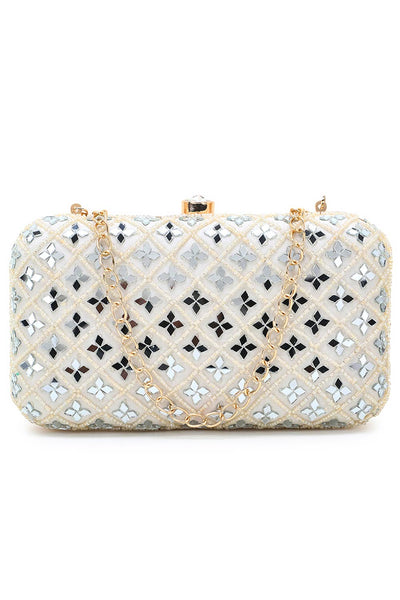 Designer Off White  Silk Geometric Clutch with Mirror Work