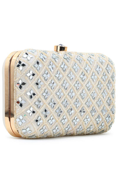 Designer Off White  Silk Geometric Clutch with Mirror Work