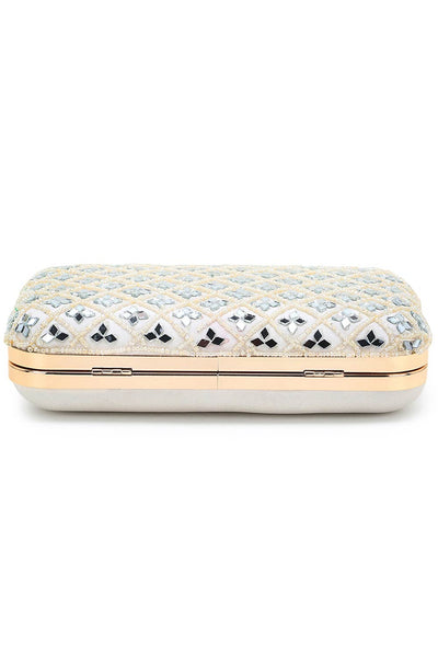 Designer Off White  Silk Geometric Clutch with Mirror Work