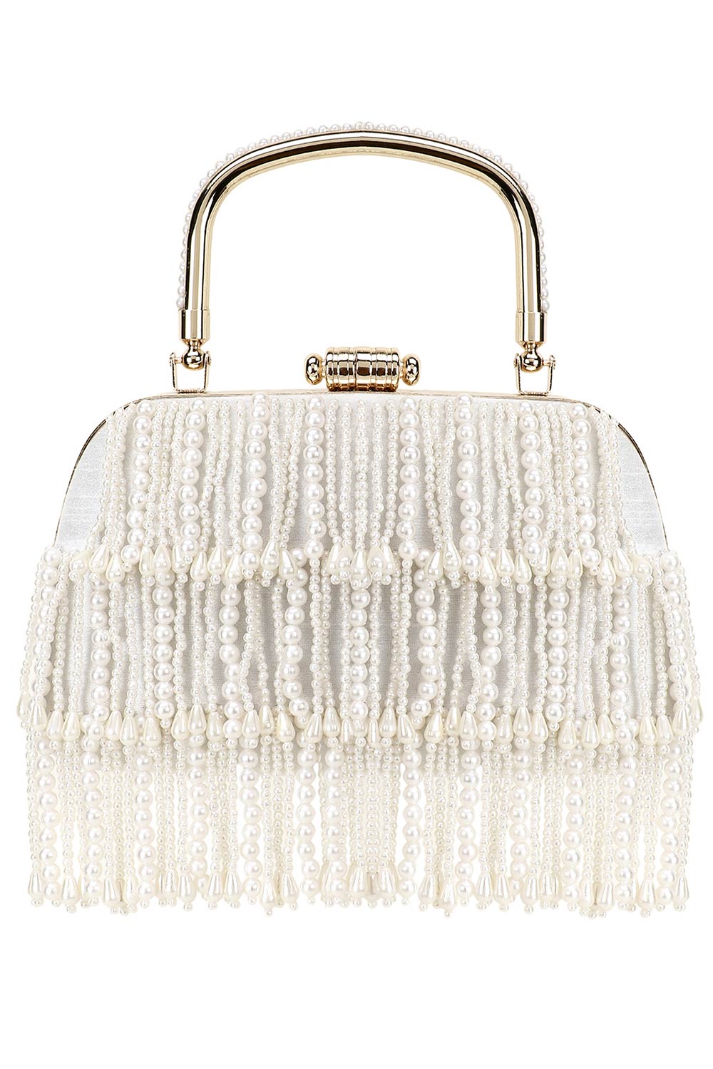 Designer Pochette White & Gold  Silk Pearl Embellished Clutch