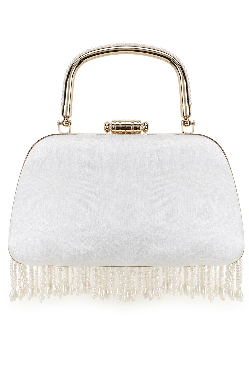 Designer Pochette White & Gold  Silk Pearl Embellished Clutch