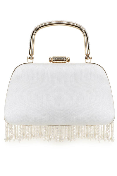 Designer Pochette White & Gold  Silk Pearl Embellished Clutch