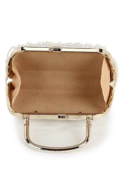 Designer Pochette White & Gold  Silk Pearl Embellished Clutch