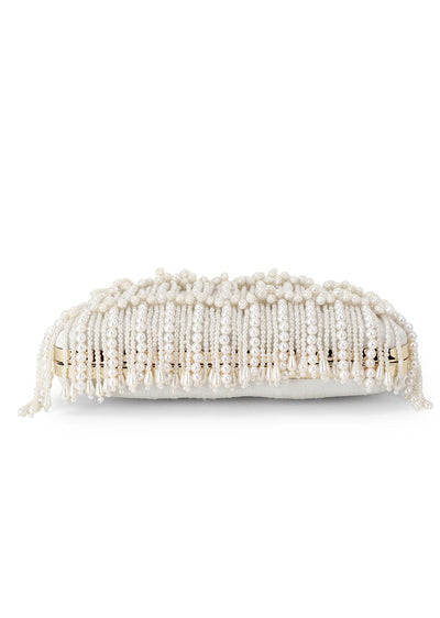 Designer Pochette White & Gold  Silk Pearl Embellished Clutch
