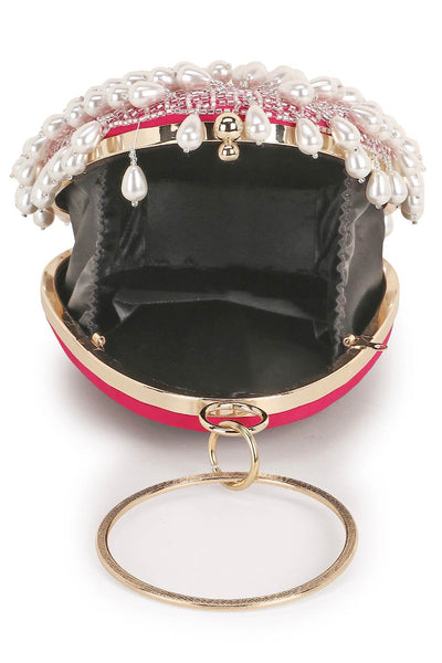 Designer Teardrop Wristlet In Fuscia with Dangling Pearls