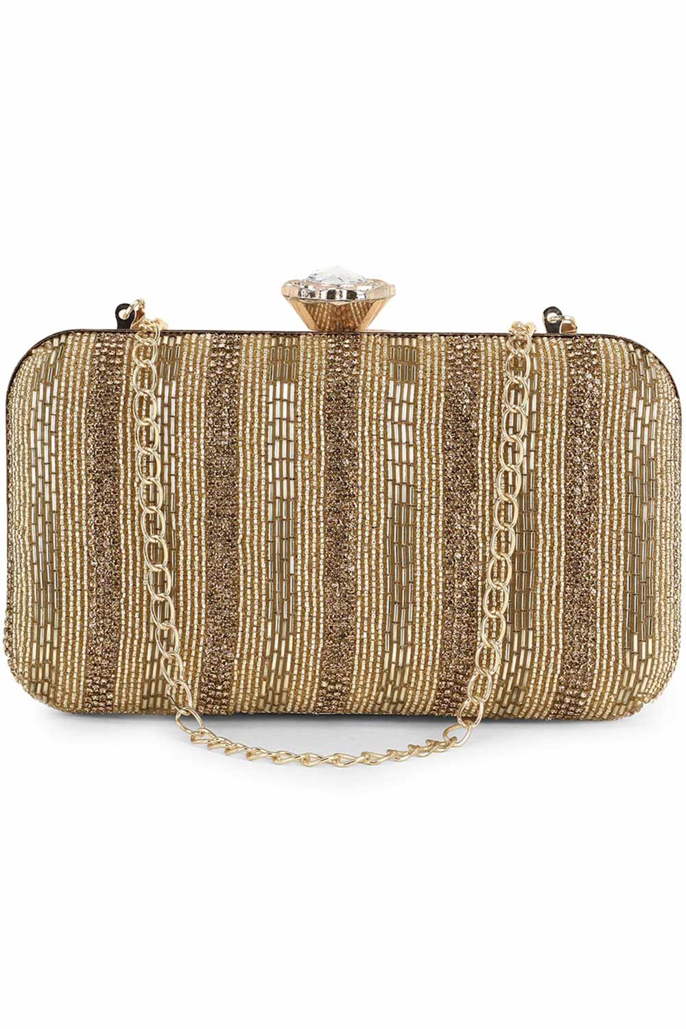 Designer Gold Silk and Beads Striped Clutch