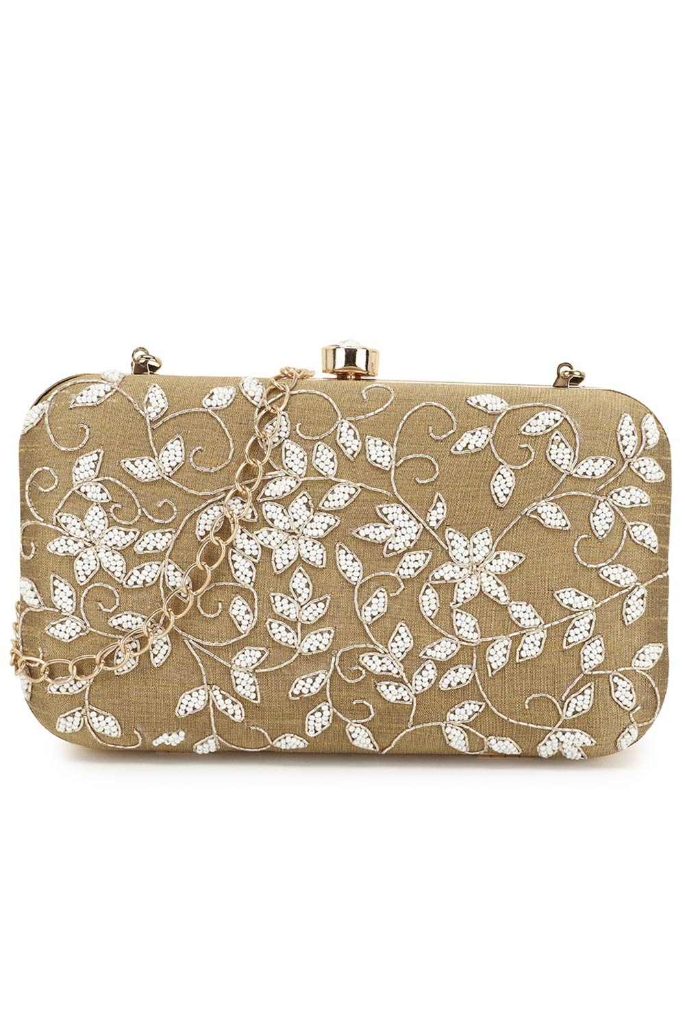 Designer Beige & White Botanical Beadwork Evening Bag