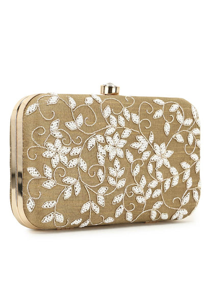 Designer Beige & White Botanical Beadwork Evening Bag