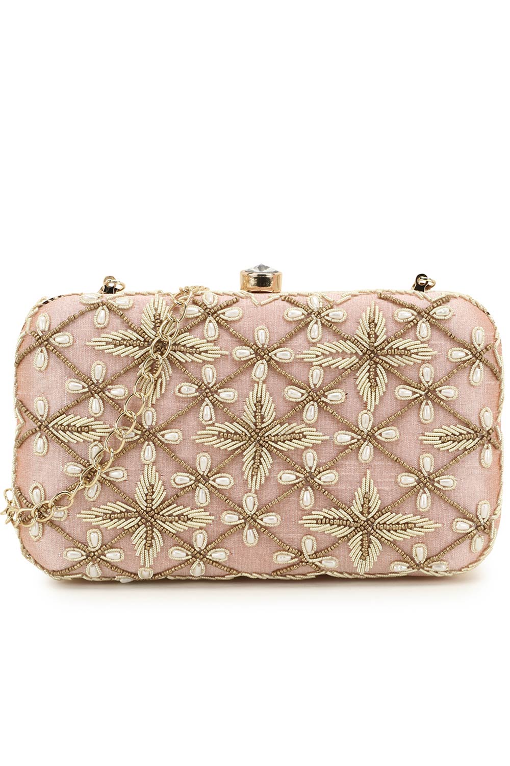 Designer Pastel Pink & Gold Embellished  Silk Clutch