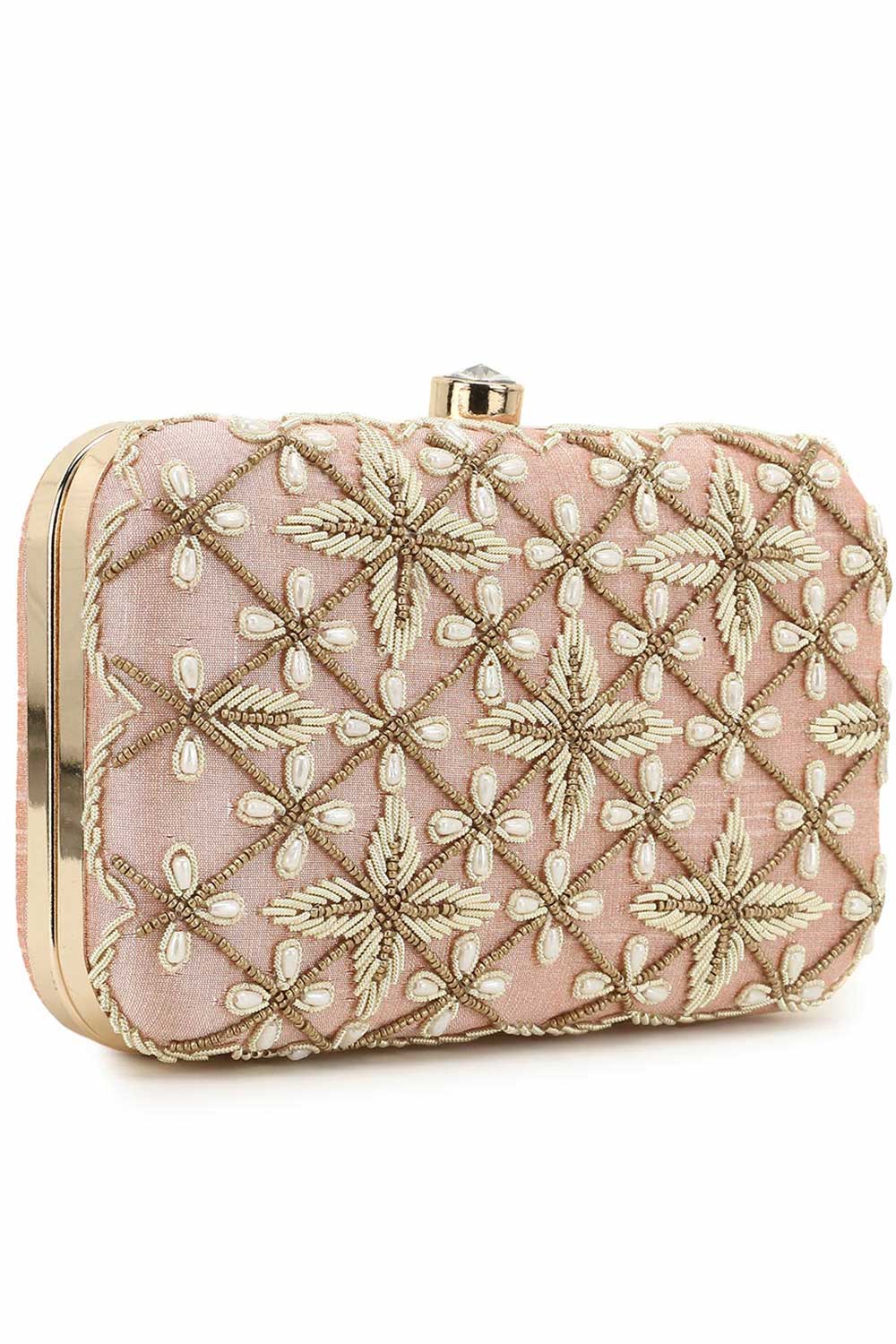 Designer Pastel Pink & Gold Embellished  Silk Clutch
