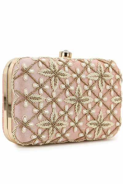 Designer Pastel Pink & Gold Embellished  Silk Clutch