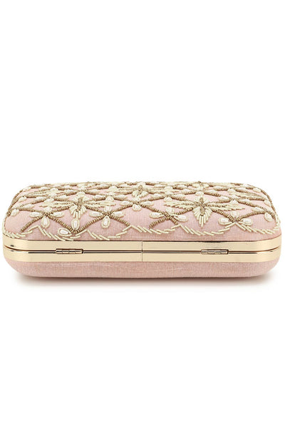 Designer Pastel Pink & Gold Embellished  Silk Clutch
