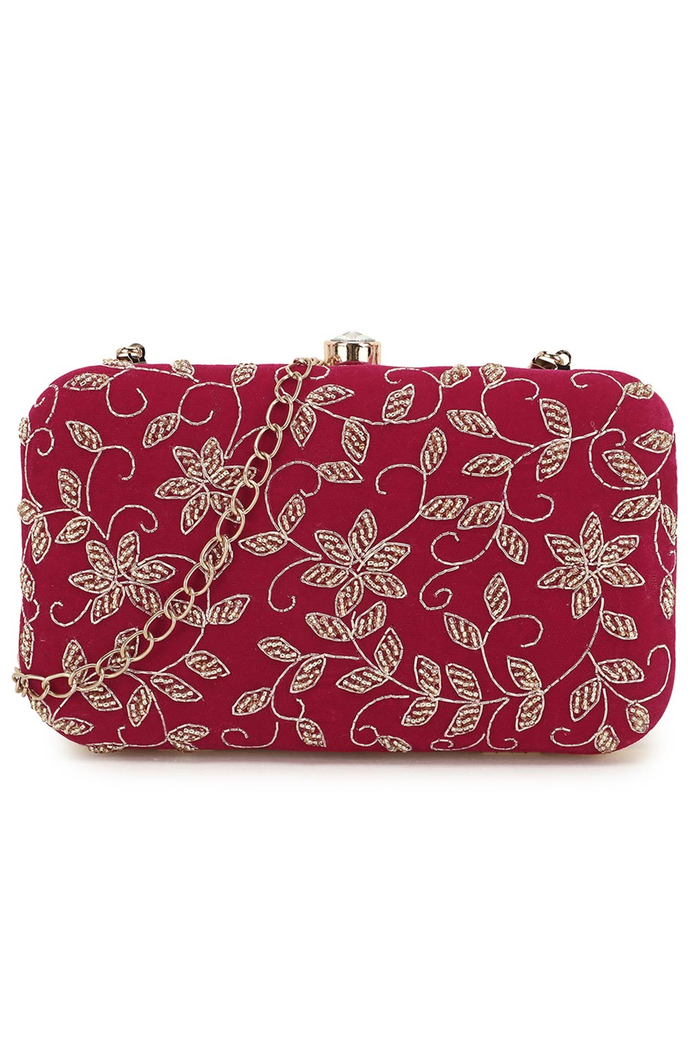 Designer Magenta & Gold Botanical Beadwork Velvet Clutch