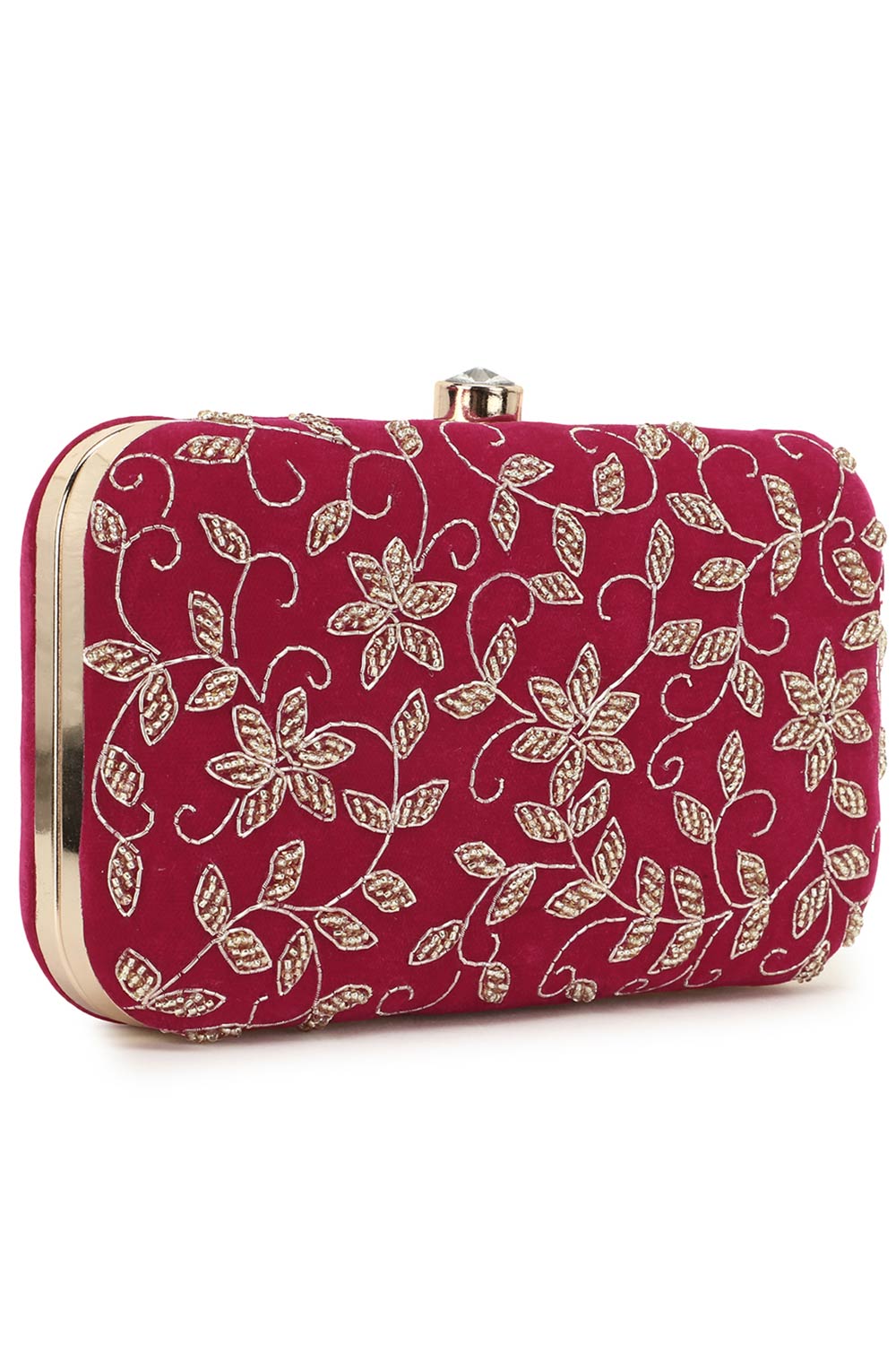 Designer Magenta & Gold Botanical Beadwork Velvet Clutch