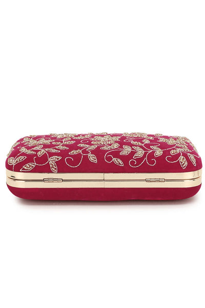 Designer Magenta & Gold Botanical Beadwork Velvet Clutch