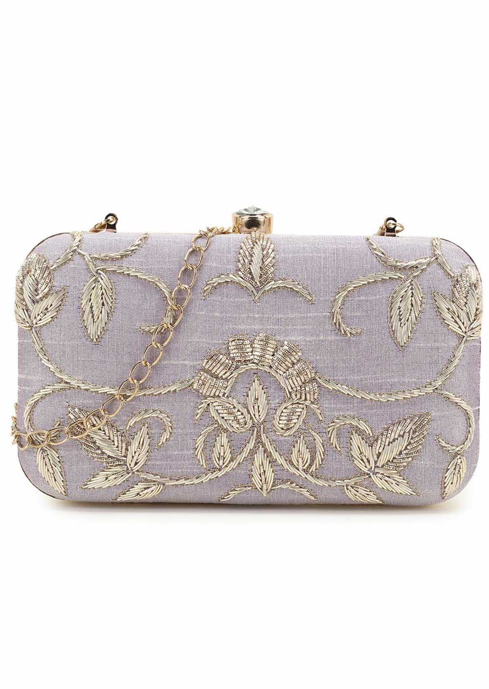 Designer Pastel Purple & Gold Embellished  Silk Clutch