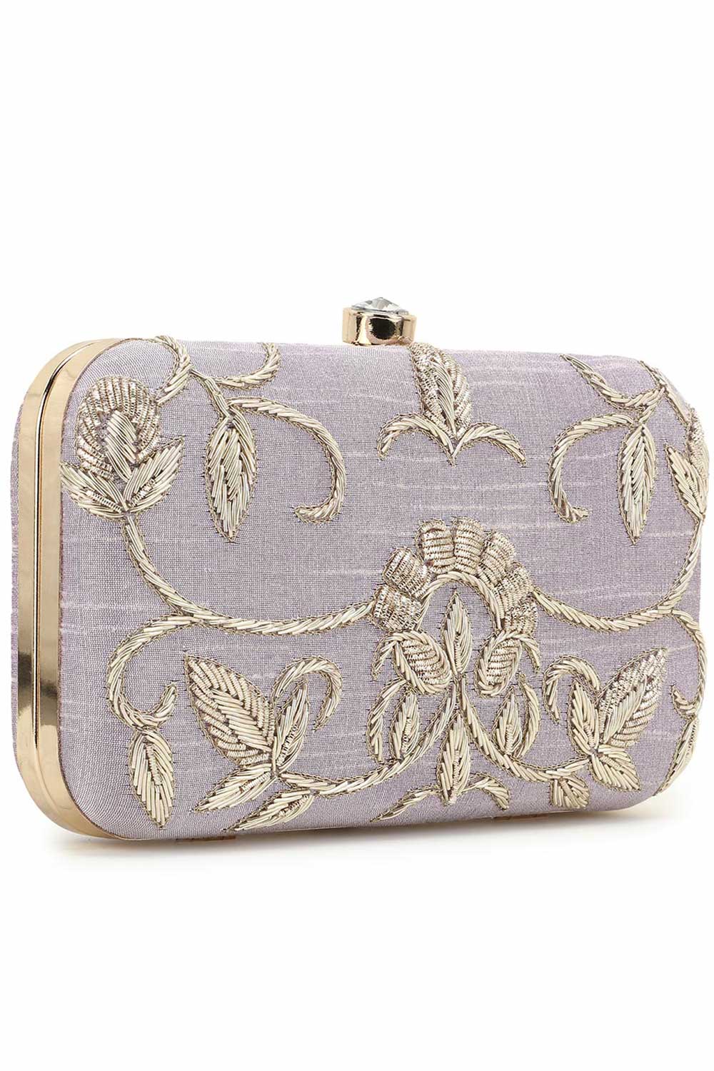 Designer Pastel Purple & Gold Embellished  Silk Clutch