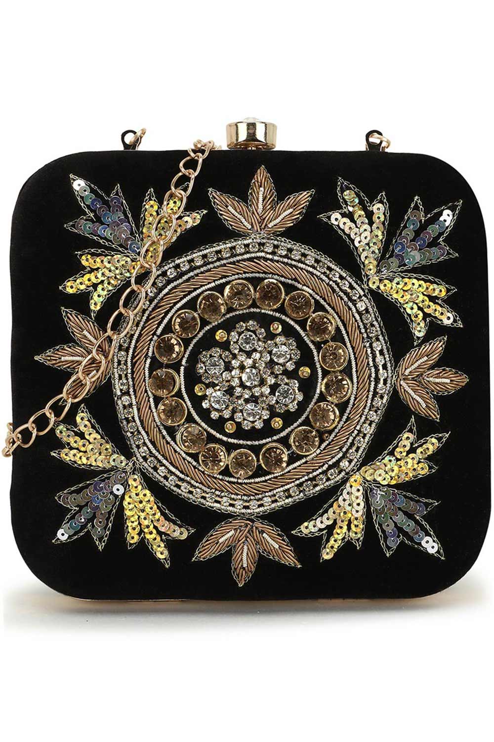 Designer Black Velvet & Gold bead and Sequins Embroidery Square Clutch
