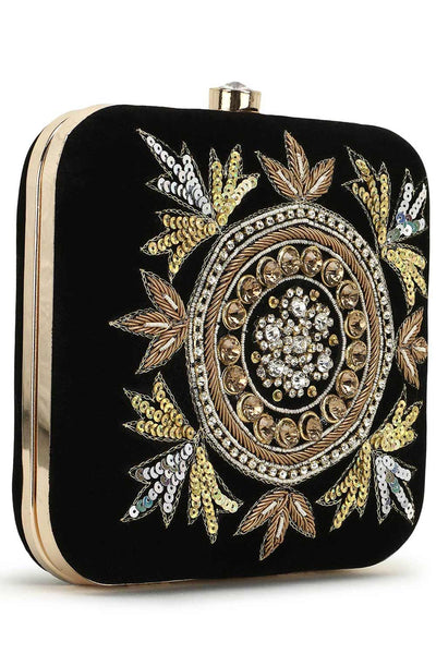 Designer Black Velvet & Gold bead and Sequins Embroidery Square Clutch