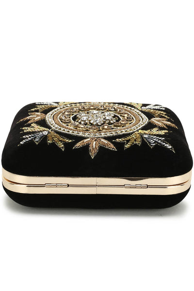 Designer Black Velvet & Gold bead and Sequins Embroidery Square Clutch