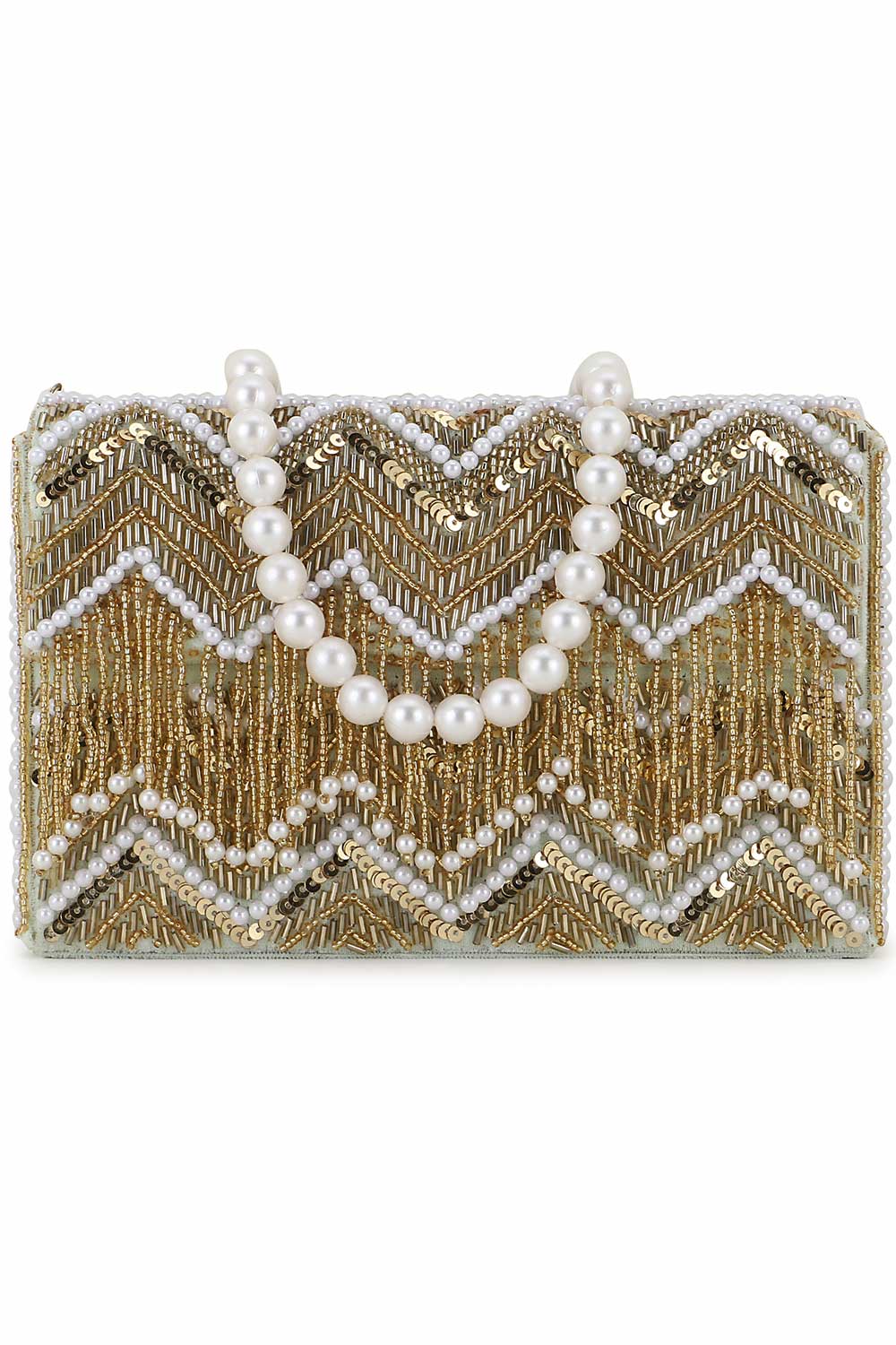 Designer Pastel Green & Gold Velvet Chevron Beadwork Clutch