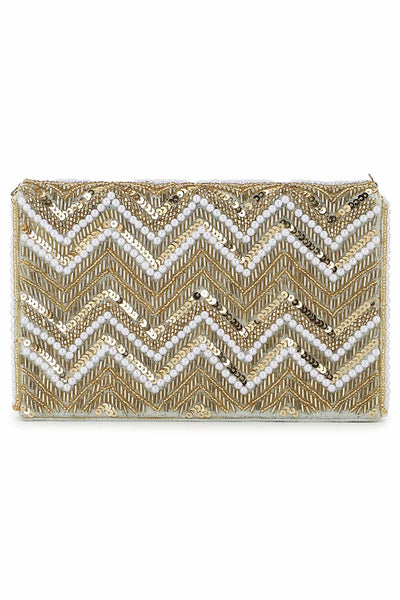 Designer Pastel Green & Gold Velvet Chevron Beadwork Clutch