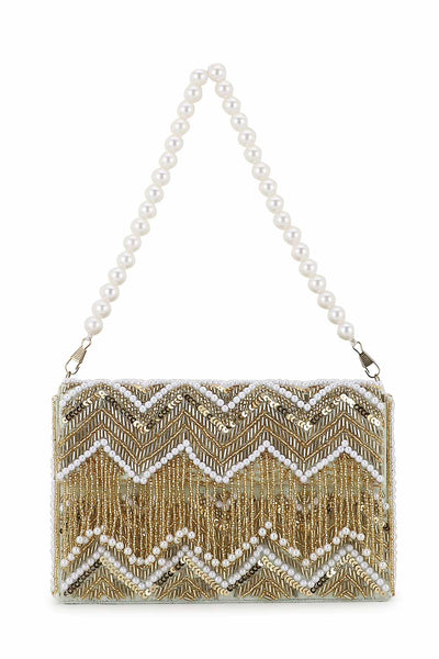 Designer Pastel Green & Gold Velvet Chevron Beadwork Clutch