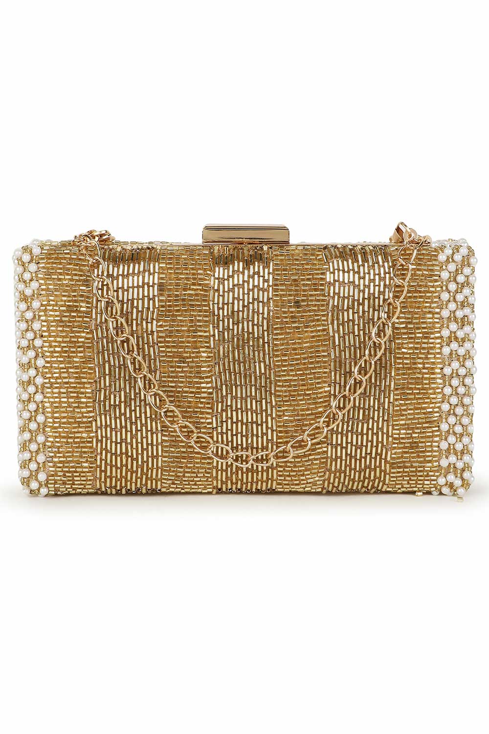 Designer Gold & White Silk Striped Beadwork Evening Bag