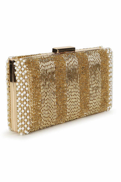 Designer Gold & White Silk Striped Beadwork Evening Bag