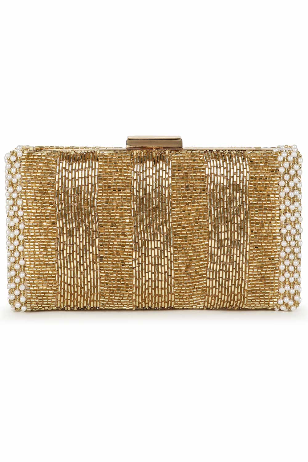 Designer Gold & White Silk Striped Beadwork Evening Bag