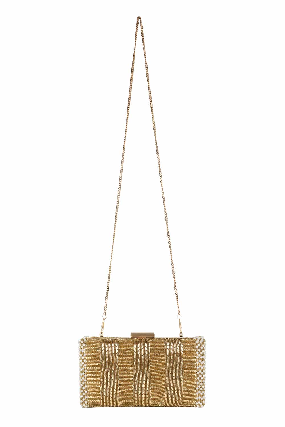 Designer Gold & White Silk Striped Beadwork Evening Bag