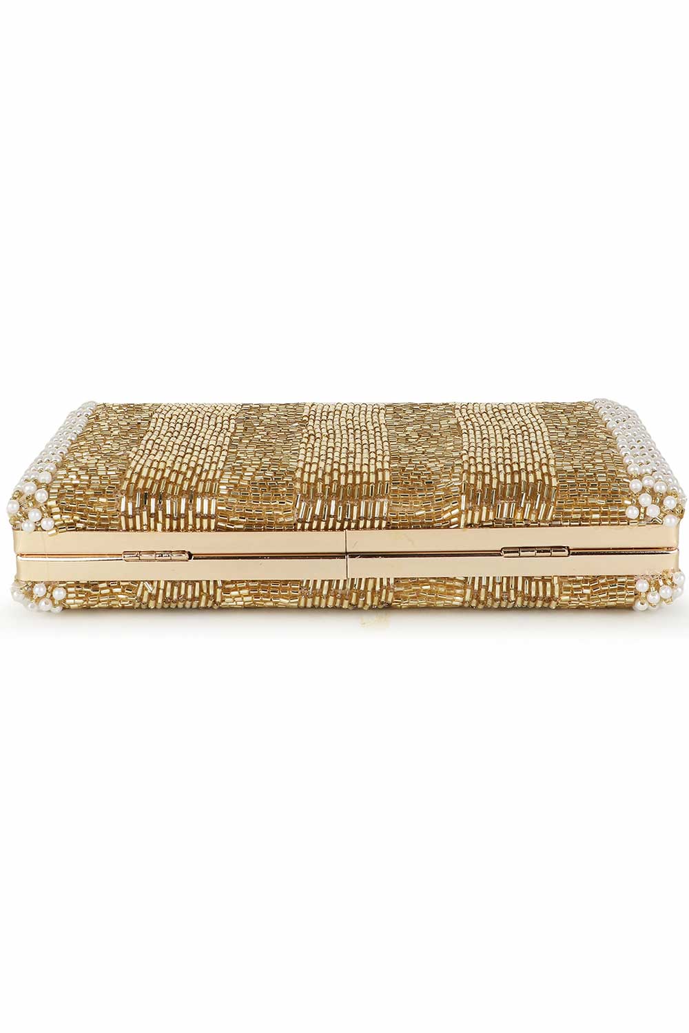 Designer Gold & White Silk Striped Beadwork Evening Bag