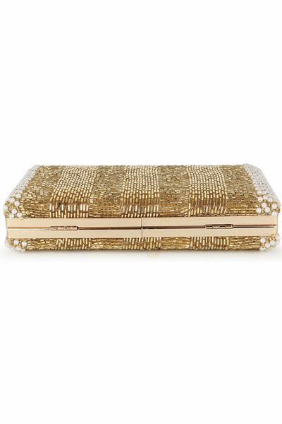 Designer Gold & White Silk Striped Beadwork Evening Bag