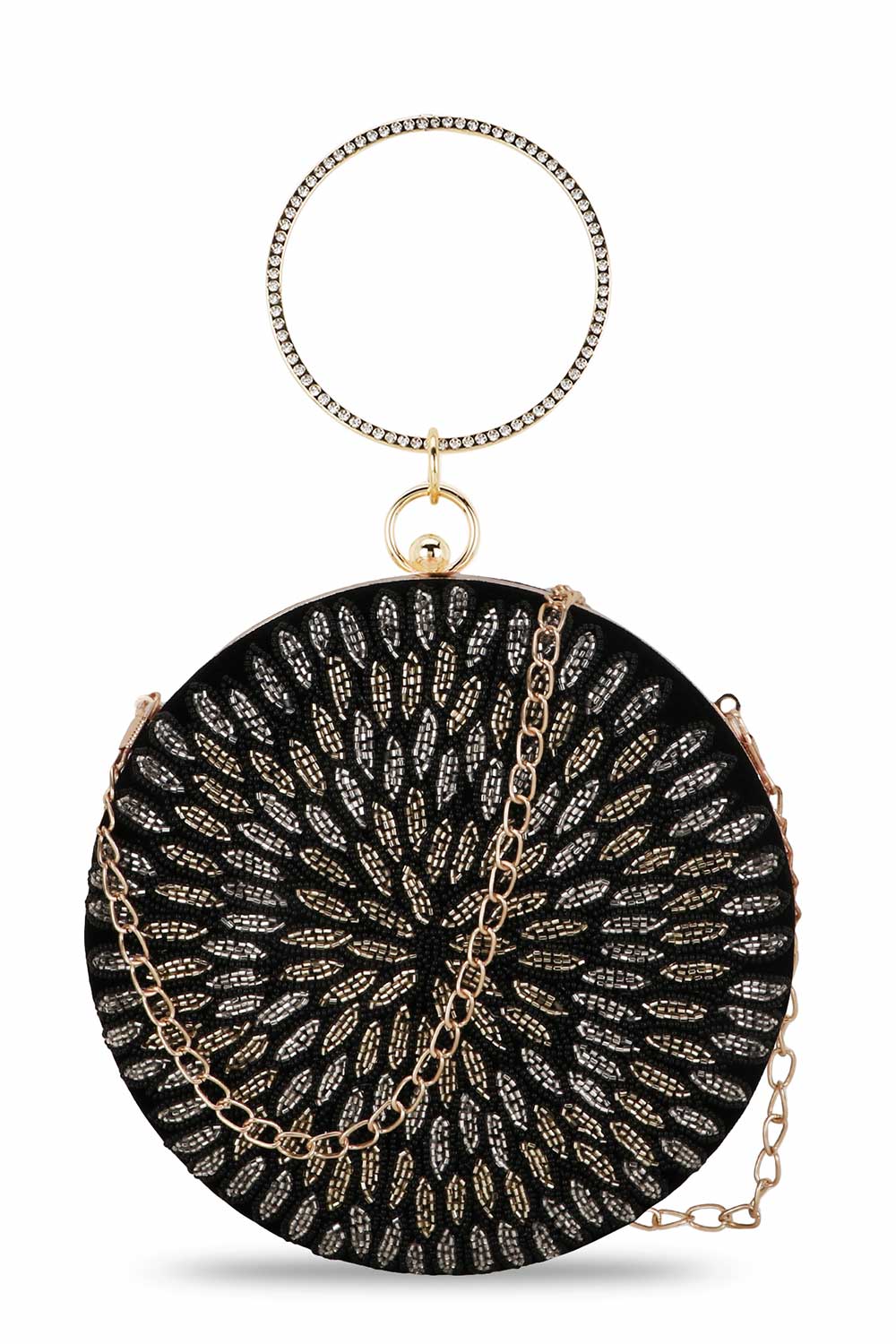 Designer Black & Gold Velvet Floral Embroidered Circle Clutch