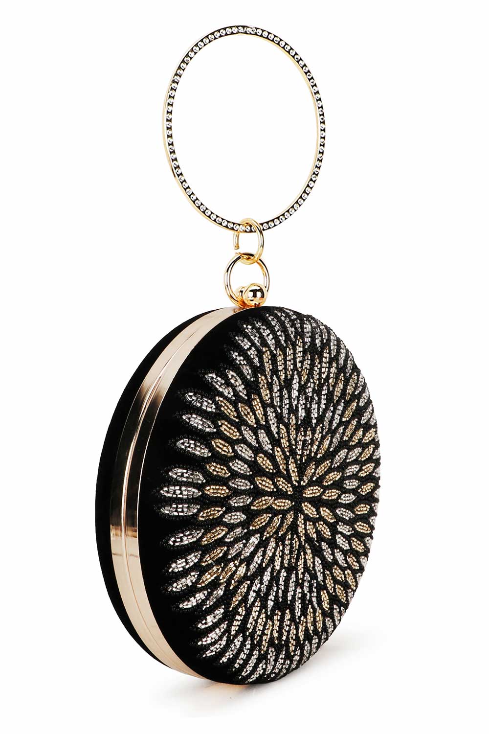 Designer Black & Gold Velvet Floral Embroidered Circle Clutch