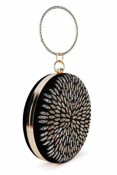 Designer Black & Gold Velvet Floral Embroidered Circle Clutch