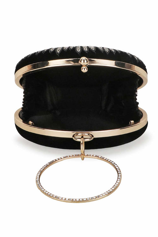 Designer Black & Gold Velvet Floral Embroidered Circle Clutch