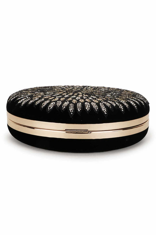 Designer Black & Gold Velvet Floral Embroidered Circle Clutch