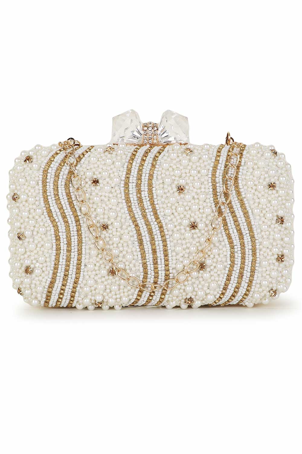 Designer Off-White & Gold Beadwork Clutch