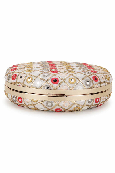 Designer Round Clutch in Cream Silk with Mirror work & Multi-color Embroidery