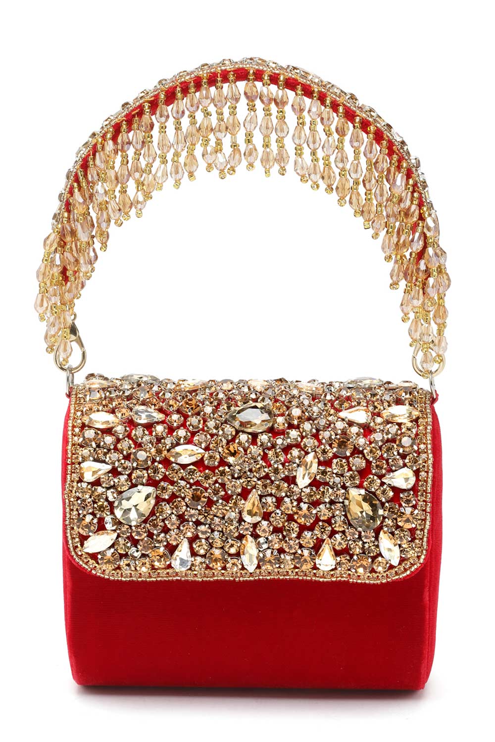 Buy Red and Gold Stone Work Embellished Velvet Purse Clutch Online - Side