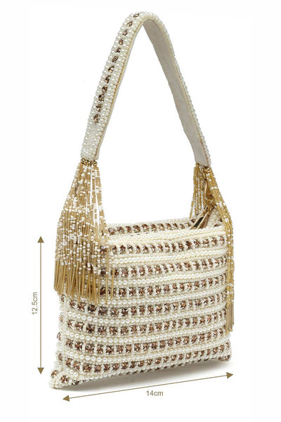 Buy Off White and Gold Stone Work Embellished Faux Silk Purse Clutch Online - Back