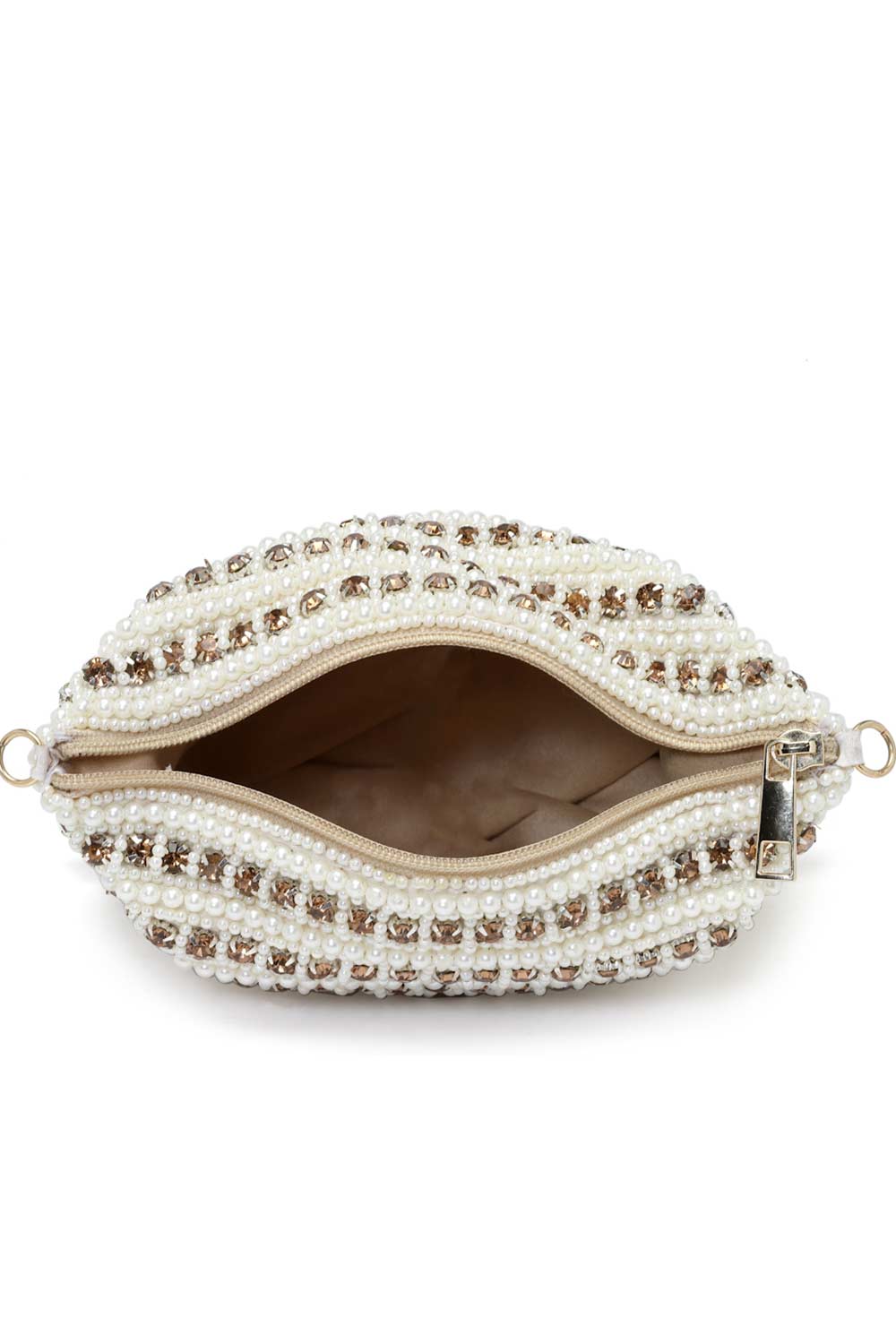 Buy Off White and Gold Stone Work Embellished Faux Silk Purse Clutch Online - Zoom In