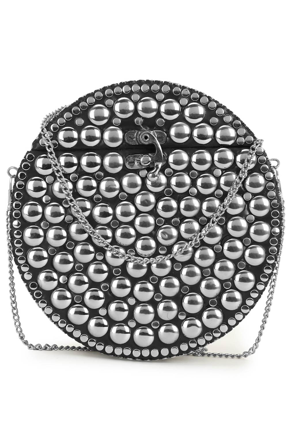 Designer Mosaic Silver Metal Polka Dot Design Round Clutch