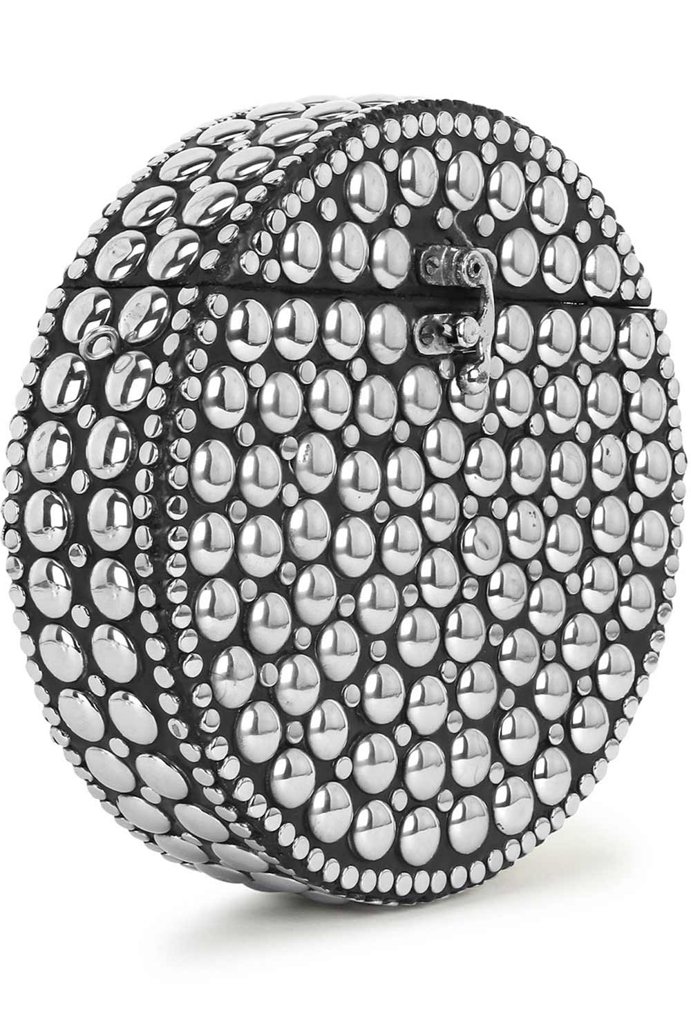 Designer Mosaic Silver Metal Polka Dot Design Round Clutch